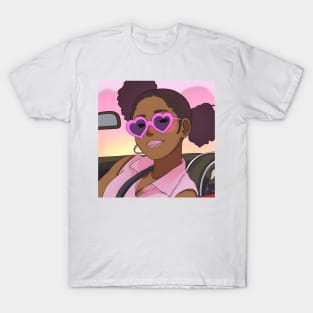 girl in convertible car with heart shaped sunglasses T-Shirt